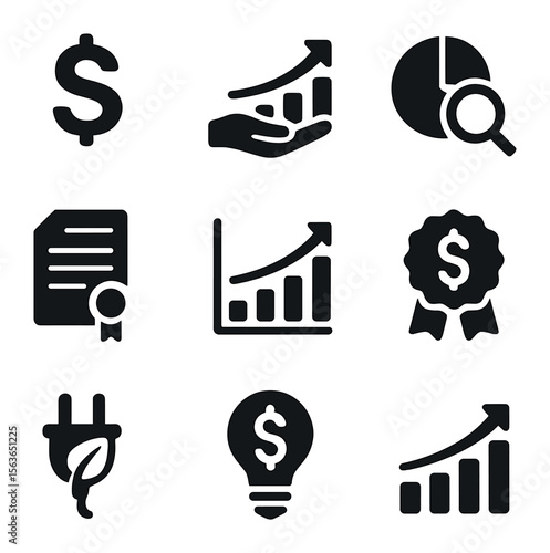 Energy Market Icons. Solid, filled icons set of energy market and economics: dollar sign, investment graph,