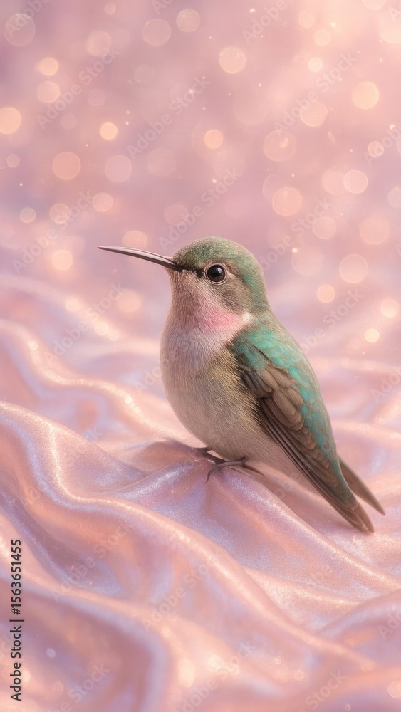 Obraz premium Hummingbird on shimmering pink fabric