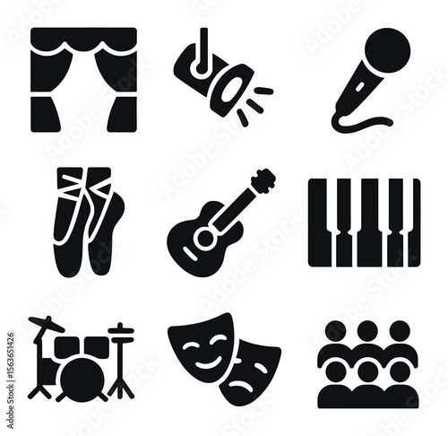 Performing Arts Icons. Solid, filled icons set of performing arts: stage curtain, spotlight, microphone,