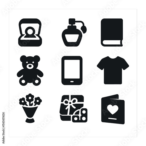 Gift Icons Collection. Solid, filled icons set of gift types: jewelry box, perfume bottle, book, toy,