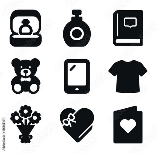 Gift Icons Collection. Solid, filled icons set of gift types: jewelry box, perfume bottle, book, toy,