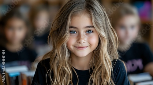 Wallpaper Mural Young blonde girl with wavy hair and bright blue eyes smiling warmly at camera in classroom setting, wearing black top, natural makeup look, students blurred in background. Torontodigital.ca