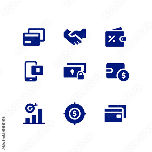 Collection of Dark Blue Finance and Business Iconography on Transparent Background