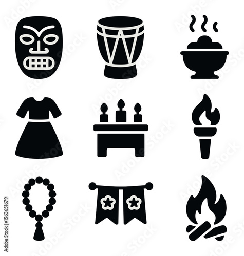 Cultural Rituals Icons. Solid, filled icons set of traditional cultural ceremonies and rituals: ceremonial