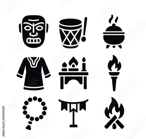 Cultural Rituals Icons. Solid, filled icons set of traditional cultural ceremonies and rituals: ceremonial