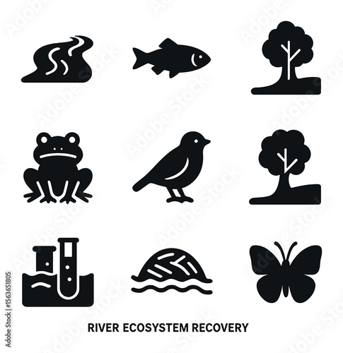 River Ecosystem Icons. Solid, filled icons set of river ecosystem recovery: flowing river, fish, water plant,