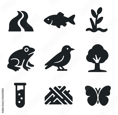 River Ecosystem Icons. Solid, filled icons set of river ecosystem recovery: flowing river, fish, water plant,