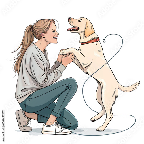 continuous line drawing of pet lover with dog illustration 