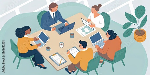 Wallpaper Mural Four diverse professionals collaborate around a table with laptops and documents in a modern office setting. Torontodigital.ca