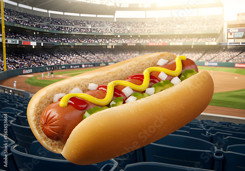 Hot Dog with Mustard and Onions at Baseball Stadium | American Food Concession Stand Snack for Sports Fans and Game Day Celebration