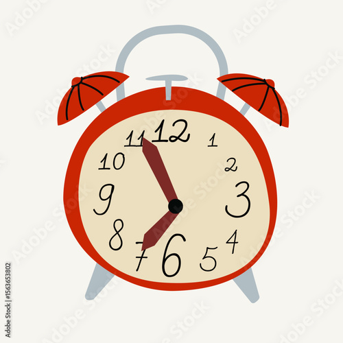 Vector illustration with a cartoon Christmas clock. Merry Christmas and Happy New Year greeting card.