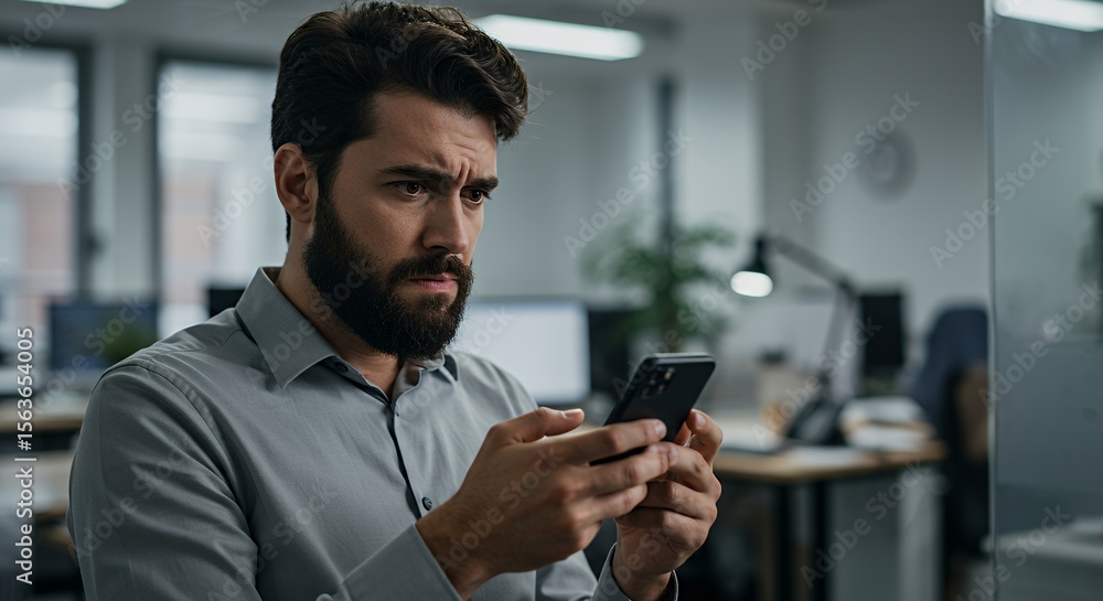 Concerned businessman reviews a message on his phone, deep in thought in his office. Concerned businessman reviews a message on his phone, deep in thought in his office.