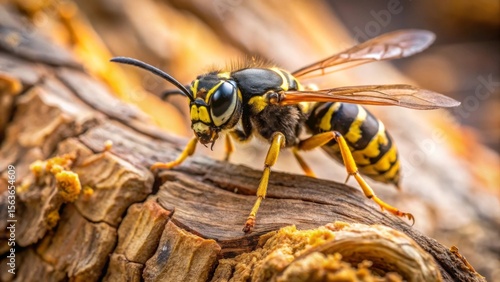 Close-up of a yellow jacket wasp perched on weathered wood, showcasing intricate details of its body and the textured surface