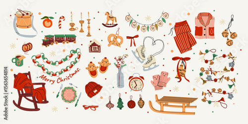 Christmas hygge retro set with winter holiday decorations design elements, festive ornament, xmas  toys, retro sticker collection. Perfect for scrapbooking, greeting card, party invitation stickers
