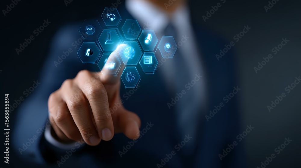 Fototapeta premium Businessman in dark suit touching virtual interface with glowing blue hexagonal icons, demonstrating digital transformation and future technology concept.