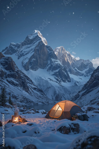 Winter Haven: A Warm Glow Amidst the Snowy Wilderness 
겨울의 안식처: 설산 속 따스한 빛