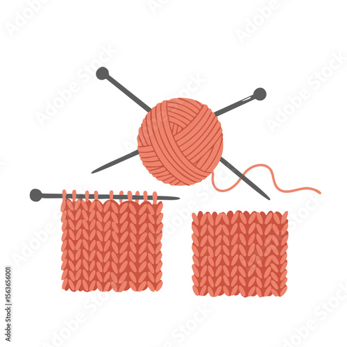 Ball of Yarn with Needles and Knitted Swatch, Flat Craft Icon