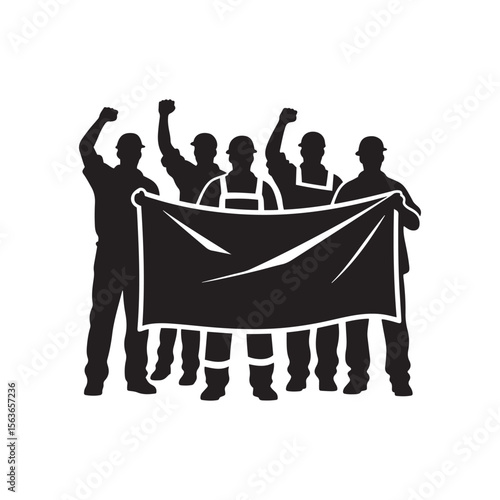 Workers Holding Banner with Raised Fists Silhouette – Protest and Unity Vector Art

