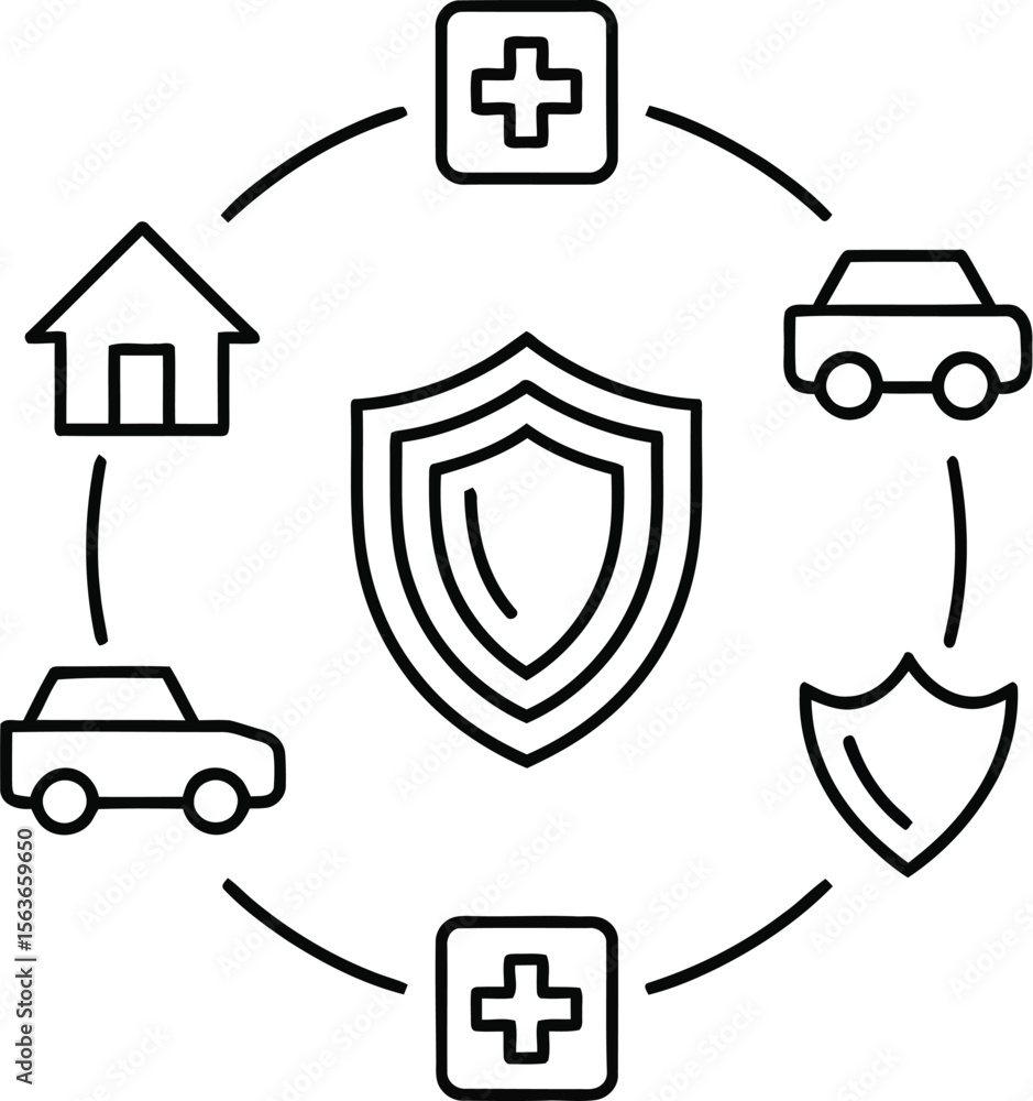 Obraz premium Illustration of a shield surrounded by symbols of health home and auto insurance protection concept