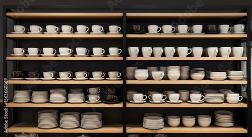 Wallpaper Mural Stylish Ceramic Coffee Cups and Dishes on Wooden Shelves Torontodigital.ca