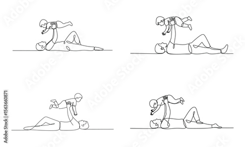 Parent and child playing together line art showing bonding and joy

