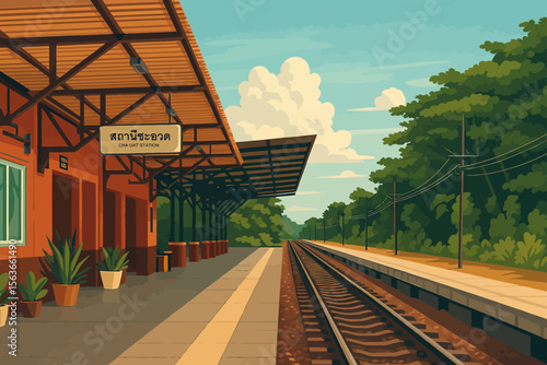 The image depicts Cha-Uat Station, a small rural train station located in Cha-Uat District, Nakhon Si Thammarat Province, Thailand. The scene is calm and scenic, showing a quiet railway platform lined