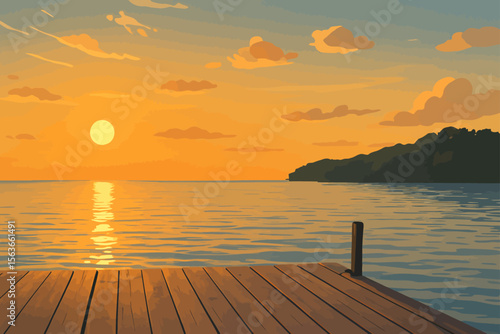 A serene sunset view over a calm sea, as seen from a wooden dock in the foreground. The sky is painted in soft shades of orange and gold, with scattered clouds glowing in the warm light. The sun is lo