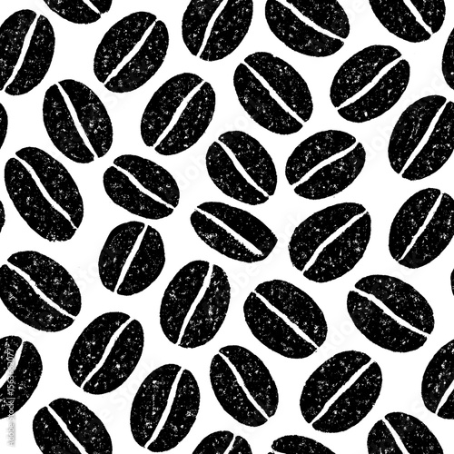 Seamless vector pattern of black coffee beans on white background, with hand-drawn texture and rough grunge style. Ideal for coffee branding, packaging, backgrounds, or cafe-themed design.