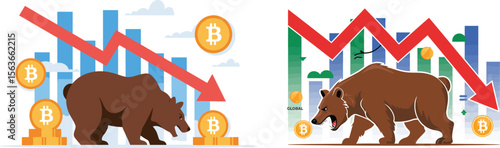 Illustration of a bear with a downward trending arrow and bitcoin coins on a graph background