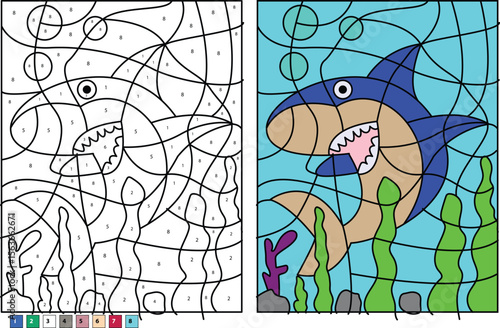 Vibrant Color by Number Shark Illustration for Children's Education and Fun Learning Activities, Featuring a Playful Cartoon Shark and Completed Underwater Scene