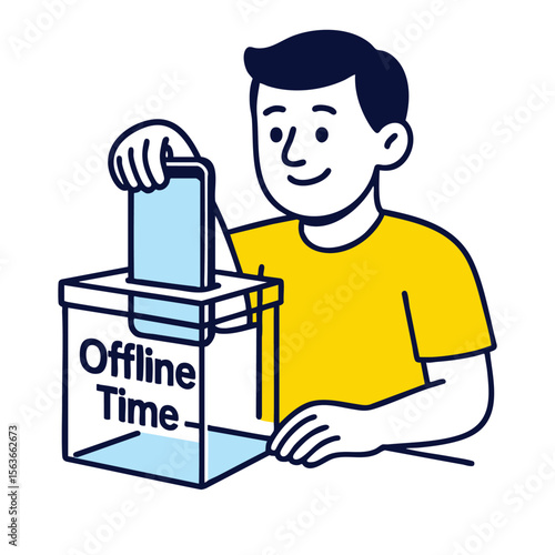 Person placing phone in box labeled Offline Time to promote digital detox and mindfulness
