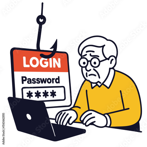 Concerned elderly man using laptop for login, feeling anxious about password security