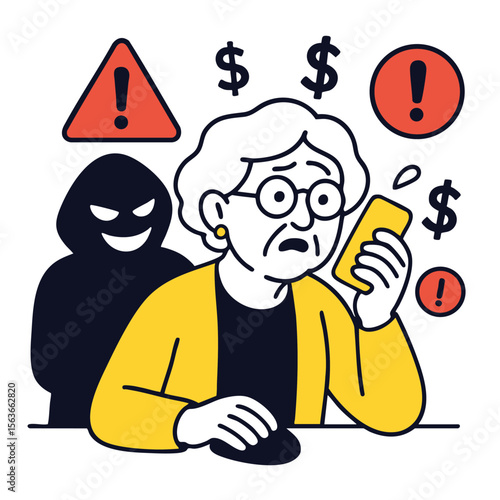 Elderly woman looks worried while holding phone, indicating potential scam. background features