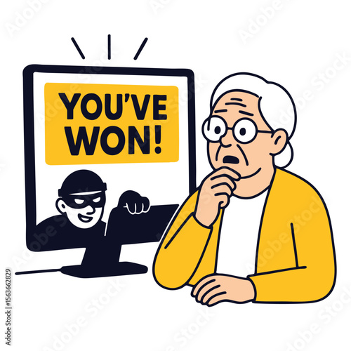 Surprised elderly person looking at computer screen displaying scam message