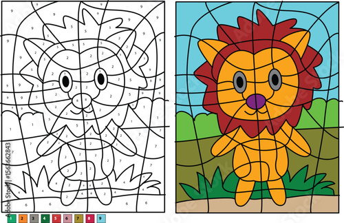 Engaging Cute Cartoon Lion Color by Number Activity Sheet for Kids. Fun and Educational Artwork for Children's Books, Puzzles, and Creative Play. Vibrant Illustration.