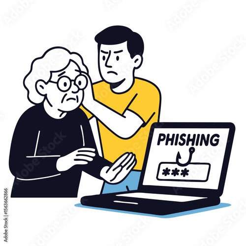 Illustration of concerned elderly woman and young man warning her about phishing scams