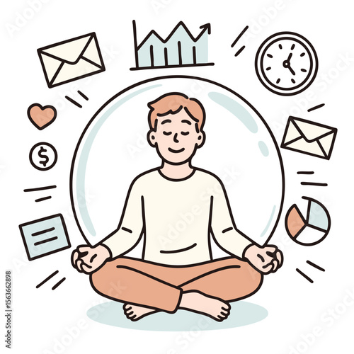 Mindful man meditating with icons representing productivity, time management, and finance