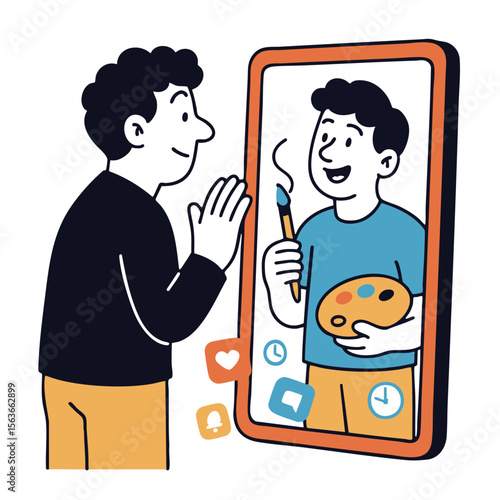 Creative person admiring their artistic reflection digital screen, expressing joy