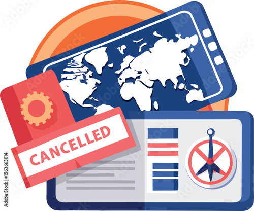 Cancelled flight ticket with COVID-19 stamp, international travel ban concept, isolated on white background