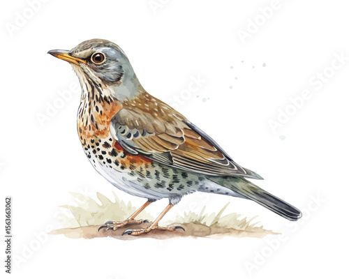 watercolor Thrush bird vector illustration isolated on white background