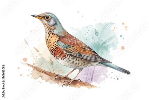 watercolor Thrush bird vector illustration isolated on white background