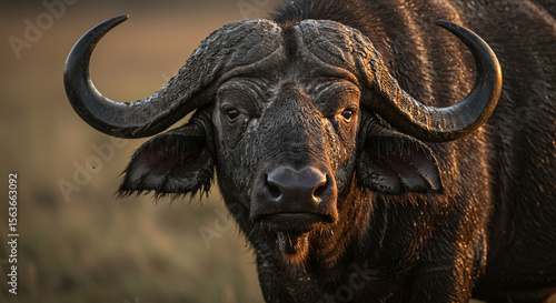 A Cape buffalo covered in mud with intense stare