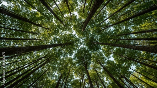 Bottom-up view green forest canopy. Natural carbon sink fight climate change. Sustainability in carbon-neutral ecosystems. Green and sustainable environment. Natural carbon capture solution.