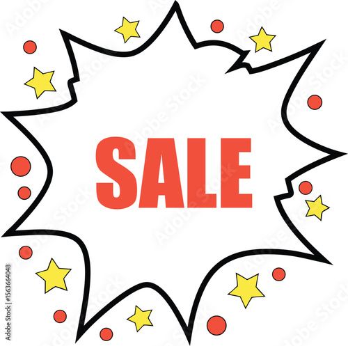 Explosive sale announcement with stars and dots in a comic book style