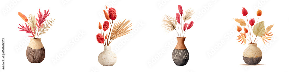 Obraz premium Watercolor Dried Flowers in Vases Collection on White