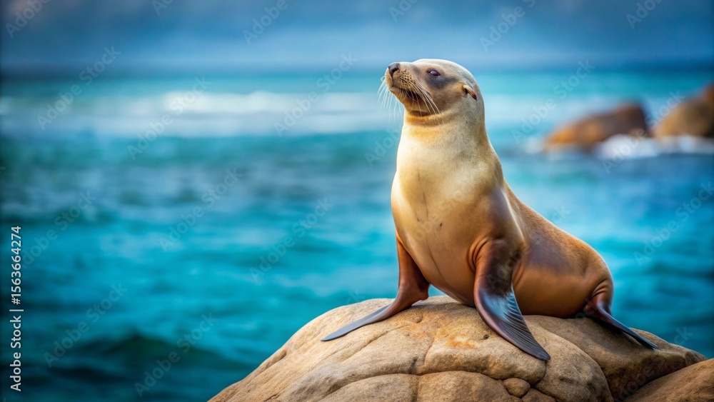 Fototapeta premium A Majestic Sea Lion Perched on a Coastal Rock, Gazing at the Serene Ocean