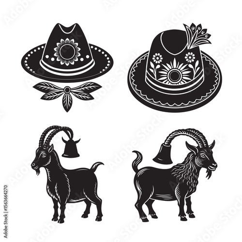 black of silhouette slovak folk hat,andorran goat bel set bundle on the white background