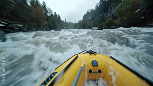 Adventurous scene of a person in a yellow raft navigating white water rapids. Equipped with a life jacket and paddle, they journey down a river enclosed by trees and rocks