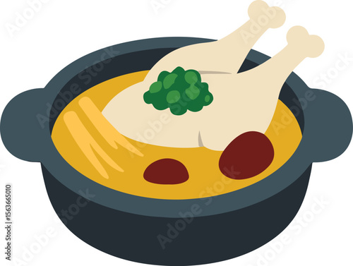 Traditional Korean dish Samgyetang, featuring a whole chicken boiled with ginseng, jujube, and garlic. Popular in summer as a stamina food during Boknal days.