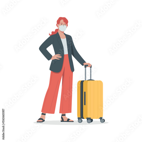 Female traveler in face mask standing confidently with luggage, wearing business casual attire, symbolizing safety, mobility, and resilience